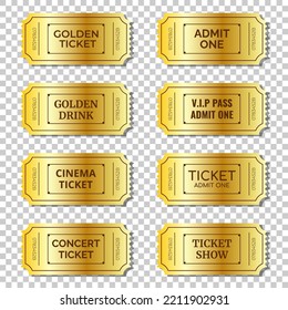 Realistic golden show ticket collection.Golden ticket set