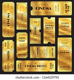 Realistic golden show ticket. Old premium cinema entrance tickets. Gold admission open sign to movie theater or entertainment amusement admitted film shows, retro vector isolated icons set