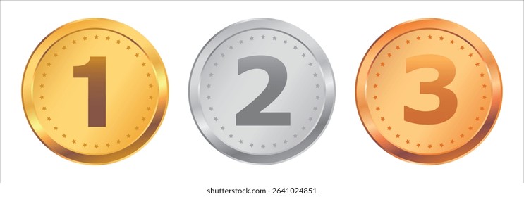 Realistic golden, silver, bronze award medals. First, second and third place medals or buttons isolated on white background. Realistic trophy medal 1st, 2nd,  3rd place for winners. Vector