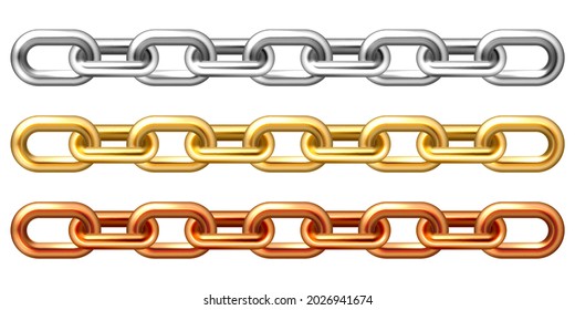 Cadenas realistas de oro, plata y bronce aisladas de fondo blanco. Cadena de metal con eslabones resplandecientes recubiertos de oro. Ilustración vectorial.