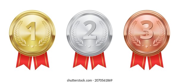 Realistic golden, silver and bronze medals, winner trophy award. Game champion prize badges, metal rewards with red ribbons vector set. First, second and third place in competition