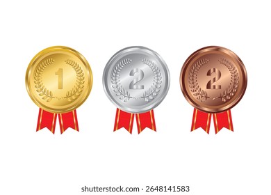 Medalhas realistas de ouro, prata e bronze. Medalhas esportivas. prêmio do troféu vencedor. Crachás de prêmio de campeão de jogo, vetor de prêmios de vencedor de campeão 