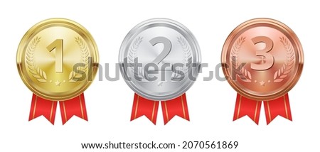 Realistic golden, silver and bronze medals, winner trophy award. Game champion prize badges, metal rewards with red ribbons vector set. First, second and third place in competition