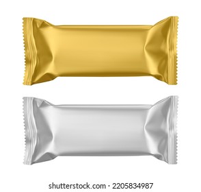 Realistic golden and silver candy packs mockup set. Vector blank template isolated on white background	