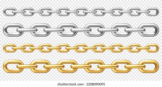 Realistic golden and silver chains on checkered background. Metal chain with shiny gold plated links. Vector illustration.