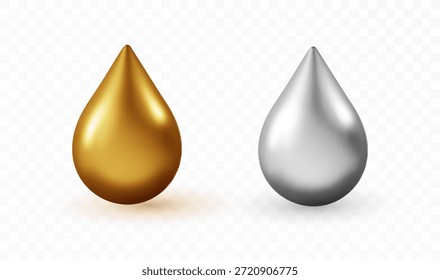 Gota líquida realista de oro y plata aislada sobre fondo transparente. Gota brillante de la esencia 3D para el suero cosmético, el aceite de la vitamina, la miel, o el diseño de la industria del combustible