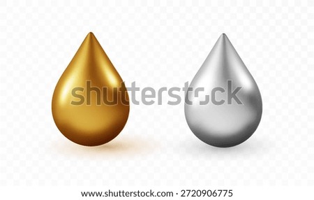 Realistic golden and silver liquid drop isolated on transparent background. Glossy 3D essence blob for cosmetic serum, vitamin oil, honey, or fuel industry design