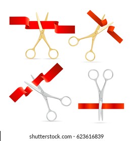 Realistic Golden and Silver Scissor Cut Red Silk Tape Set Concept of Ceremony Presentation. Vector illustration