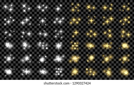 Realistic golden and silver shine, flicker stars and glow effects pack isolated on transparent background. Vector illustration