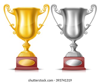 Realistic Golden and Silver Trophy Cup Isolated on White Background. Winner Cups Set. There is a Place For Your Text. Vector Illustration