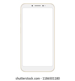 Realistic golden smartphone isolated on white background. Smartphone mockup with blank screen. Golden vector frameless smart phone, cellphone isolated on white background