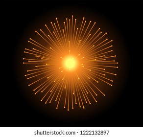 Realistic golden sparkle effect isolated on black. Firework, explosion, galaxy, fiery sparks concept. Vector illustration
