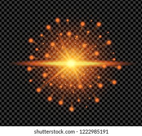 Realistic golden sparkle effect isolated on transparent background. Firework, explosion, galaxy, fiery sparks concept. Vector illustration