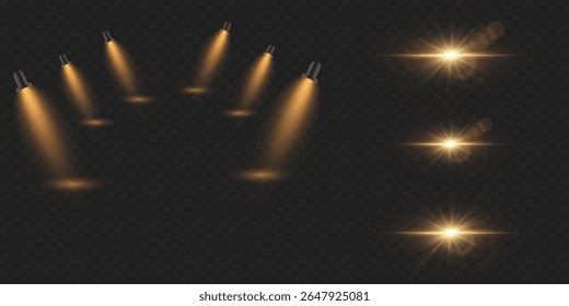 Realistic golden spotlight rays and glowing glare effects.