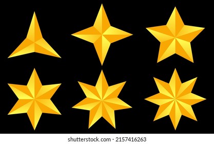 Realistic golden star vector set isolated on white background. Shiny 3D Christmas star icons with various models. Design elements for the holidays.