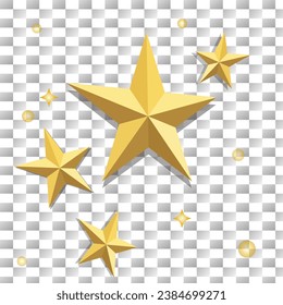 Realistic golden stars. metal luxury awards. Shiny gold marks and review symbols. Metallic badges set of best quality or victory. Yellow pentagram.  Vector decoration