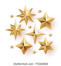 Realistic Golden Stars Vector Set Isolated On White Background. 
Glossy 3D Christmas Star Icon. Design Element For Holidays.