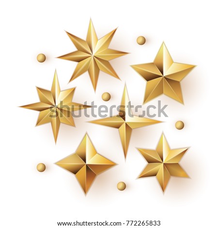 Realistic golden stars vector set isolated on white background. Glossy 3D Christmas star icon. Design element for holidays.
