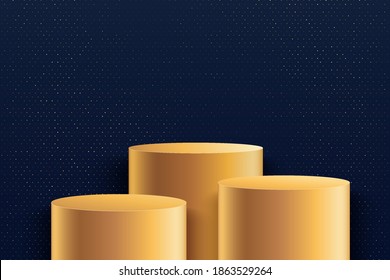 Realistic golden steps 3D cylinder stand podium set with glitter on dark blue background. Vector abstract background with geometric form. Minimal scene for mockup products showcase, Promotion display.