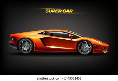 Realistic golden super car design concept, bright orange luxury automobile for high speed presentation, vector illustration