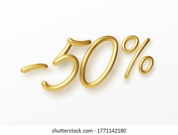 Realistic Golden Text 50 Percent Discount Number. Vector Illustration EPS10