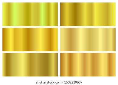 Realistic golden texture set, copper, brass and metal gradient pattern for golden frame, ribbon design, business card. Vector illustration EPS 10.