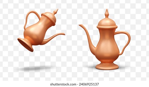 Realistic golden traditional kettle with shadow in different positions. Item for traditional rituals in Muslim. Time for fasting. Vector illustration in 3d style