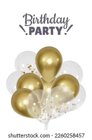Realistic golden and transparent 3D balloons party poster