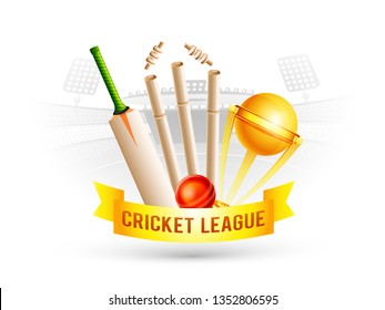 Realistic Golden Trophy, Bat, Ball And Stumps With Golden Ribbon For Cricket League On Stadium Silhouette Background.