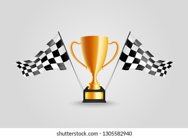Realistic Golden Trophy with Checkered flag racing championship background, Vector Illustration - Vector- Template