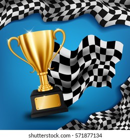 Realistic Golden Trophy with Checkered flag racing championship background, Vector Illustration