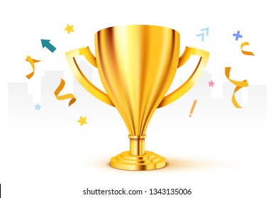 Realistic Golden Trophy with confetti. Vector Illustration