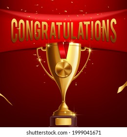 Realistic Golden Trophy with congratulations text on textile banner