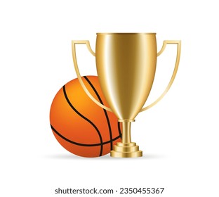 Realistic Golden Trophy Cup and Basketball Ball. Isolated on White Background. Winner Cup. Sports award. Vector illustration