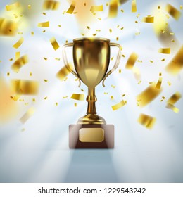 Realistic Golden Trophy Cup With Falling Confetti. EPS10 Vector