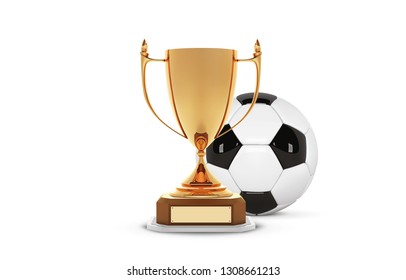 Realistic golden trophy Cup with gold ball inside. Winner Cup and football ball. Shiny golden 3d trophy awards on wooden shelf with soccer ball. Vector Illustration.