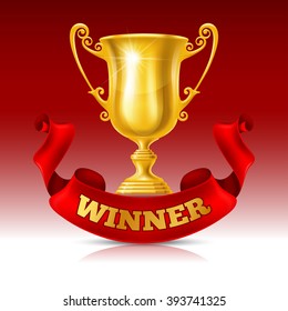 Realistic Golden Trophy Cup on Red Background with Red Ribbon. Winner Cup. There is a Place For Your Text. Vector Illustration