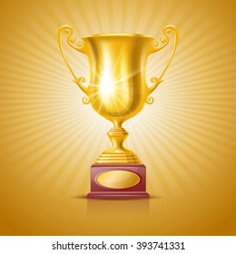 Realistic Golden Trophy Cup on Festive Background. Winner Cup. There is a Place For Your Text. Vector Illustration