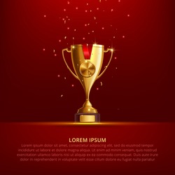 Realistic Golden Trophy Cup Set Isolated On Red Background