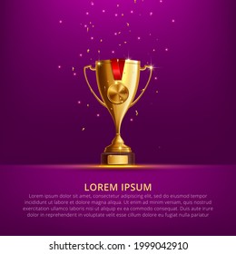 Realistic Golden Trophy Cup Set Isolated on Purple Background