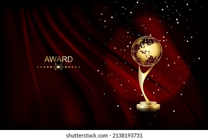 Realistic Golden Trophy Cup Set Isolated on Red Background. Vector.