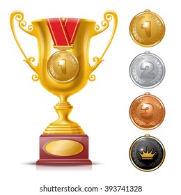 Realistic Golden Trophy Cup Set Isolated on White Background with Golden Medal. Winner Cup. Winner Concept.  Golden, Silver and Bronze Medals. There is a Place For Your Text. Vector Illustration.