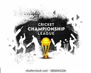 Realistic Golden Trophy Cup with Silhouette Cricketers in Playing Pose and Black Grunge Effect on White Background for Cricket Championship League.