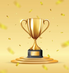 Realistic Golden Trophy Cup Stand On Round Podium With Surrounded By Falling Confetti. On Golden Colour Background. Vector Illustration.