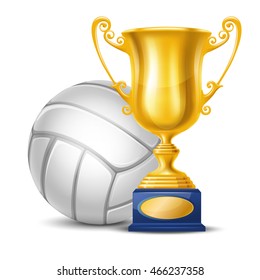 Realistic Golden Trophy Cup and Volleyball Ball. Isolated on White Background. Winner Cup. Vector Illustration