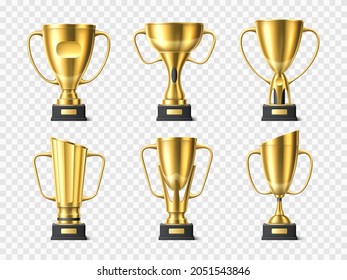 Realistic golden trophy cups. Metal winning awards