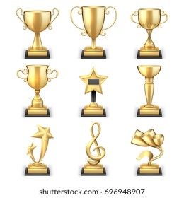 Realistic golden trophy cups and sports awards vector set. Triumph sport award and prize, winner trophy gold cup illustration