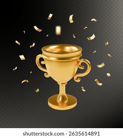Realistic golden Trophy with falling confetti, isolated on black background Championship gold cup, sport tournament award Vector Illustration