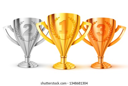 Realistic Golden Trophy. First second and. third place. Gold, silver and bronze cup. Vector Illustration