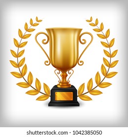 Realistic Golden Trophy with Gold Laurel Wreath. Vector Illustration